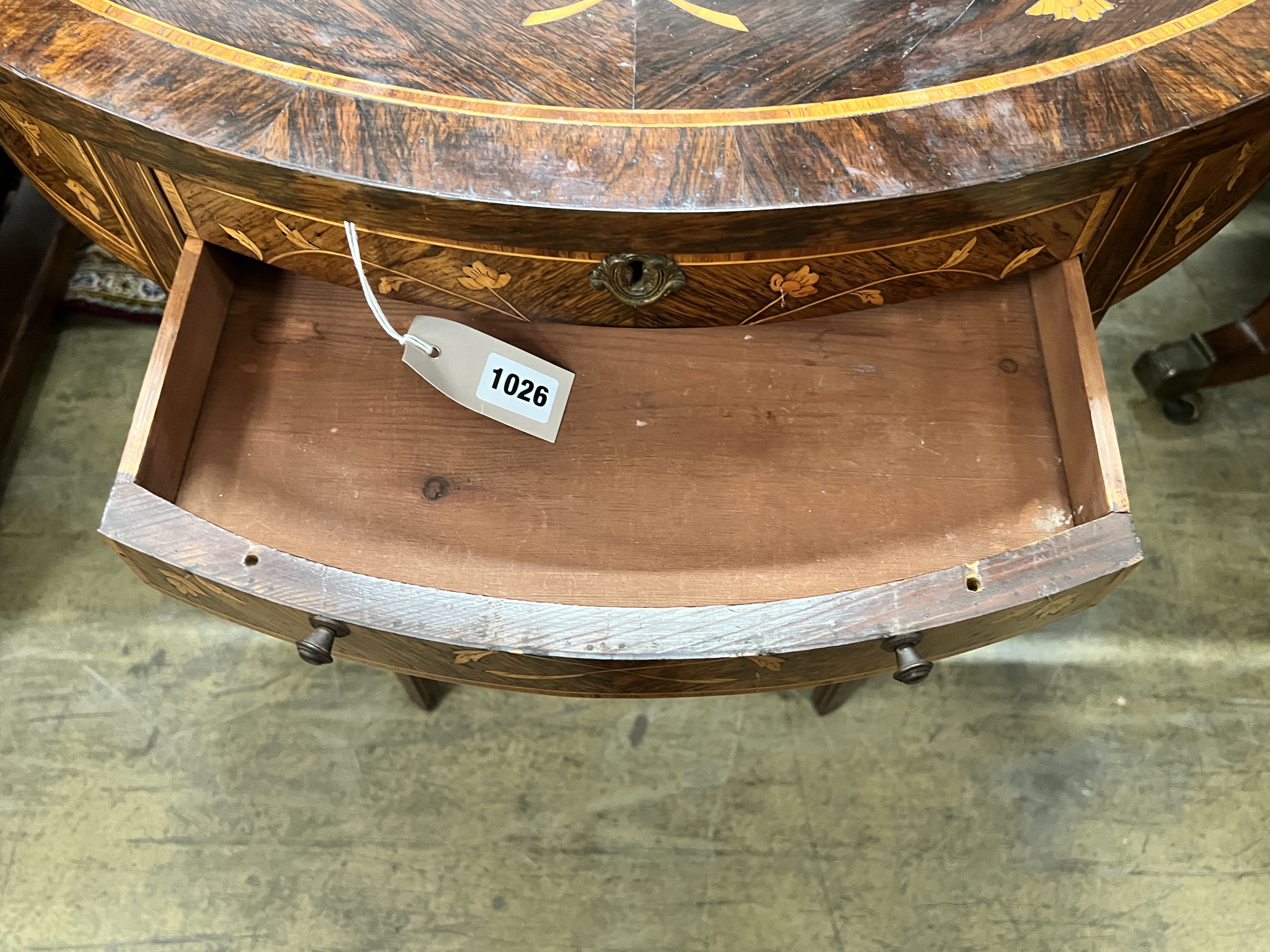 A 19th century Continental floral marquetry inlaid rosewood D shaped folding dressing table, width 86cm, depth 43cm, height 75cm